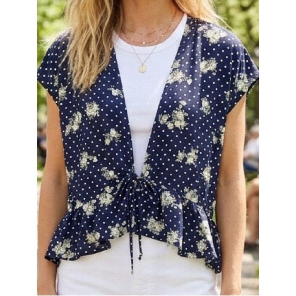 NEW Ces Femme Navy and White Floral Polka Dot Drawstring Top